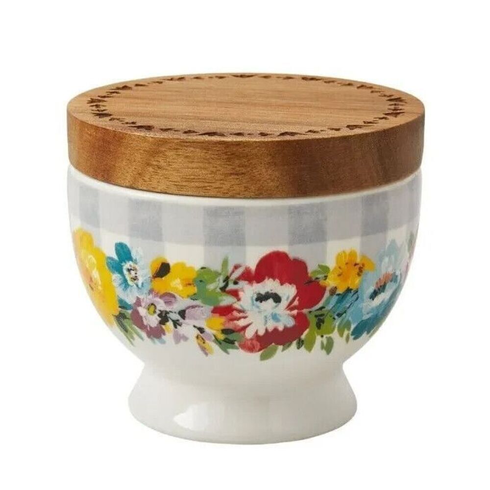 Pioneer Woman™ ~ Stoneware Salt Cellar ~ Acacia Lid ~ SWEET ROMANCE ~ 3.6 x 3.2